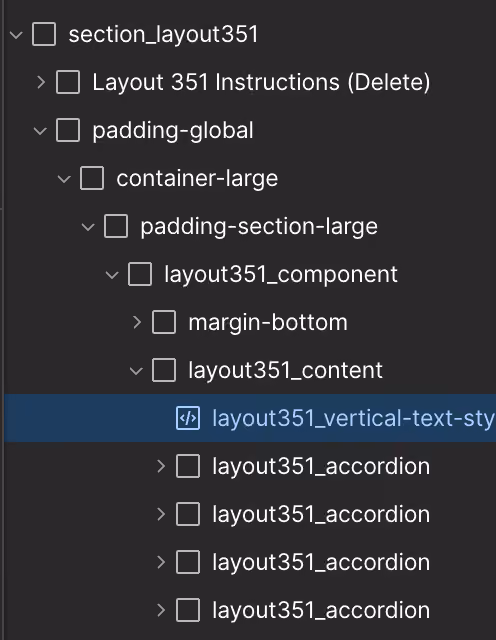 Code editor showing a nested list structure of layout351 components and accordion elements.