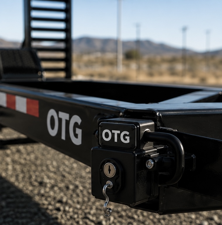 Close-up of a black metal trailer hitch with OTG branding and a lock with a key inserted.