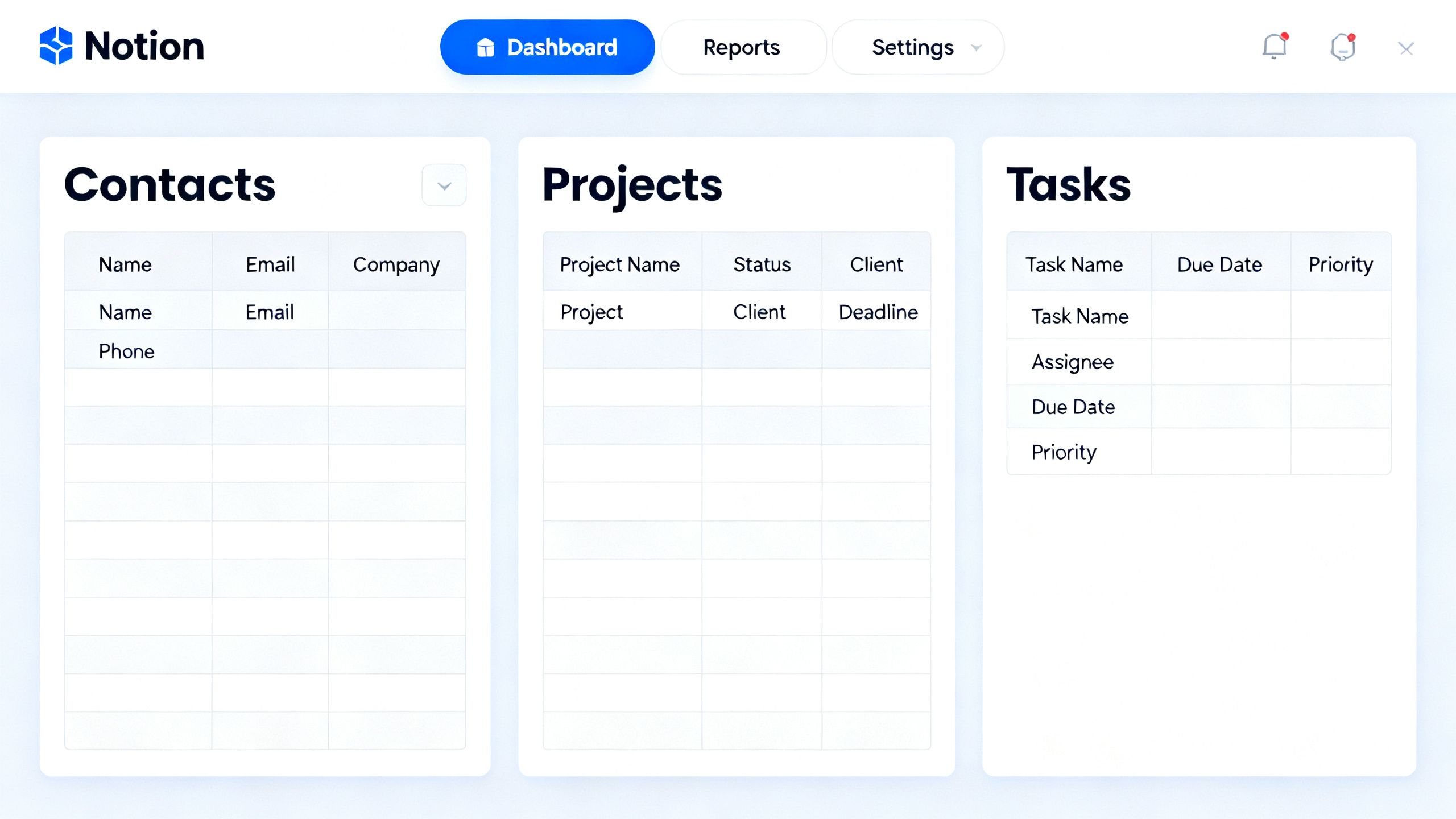 A Notion workspace showing a custom-built CRM dashboard with linked databases for contacts, projects, and tasks.