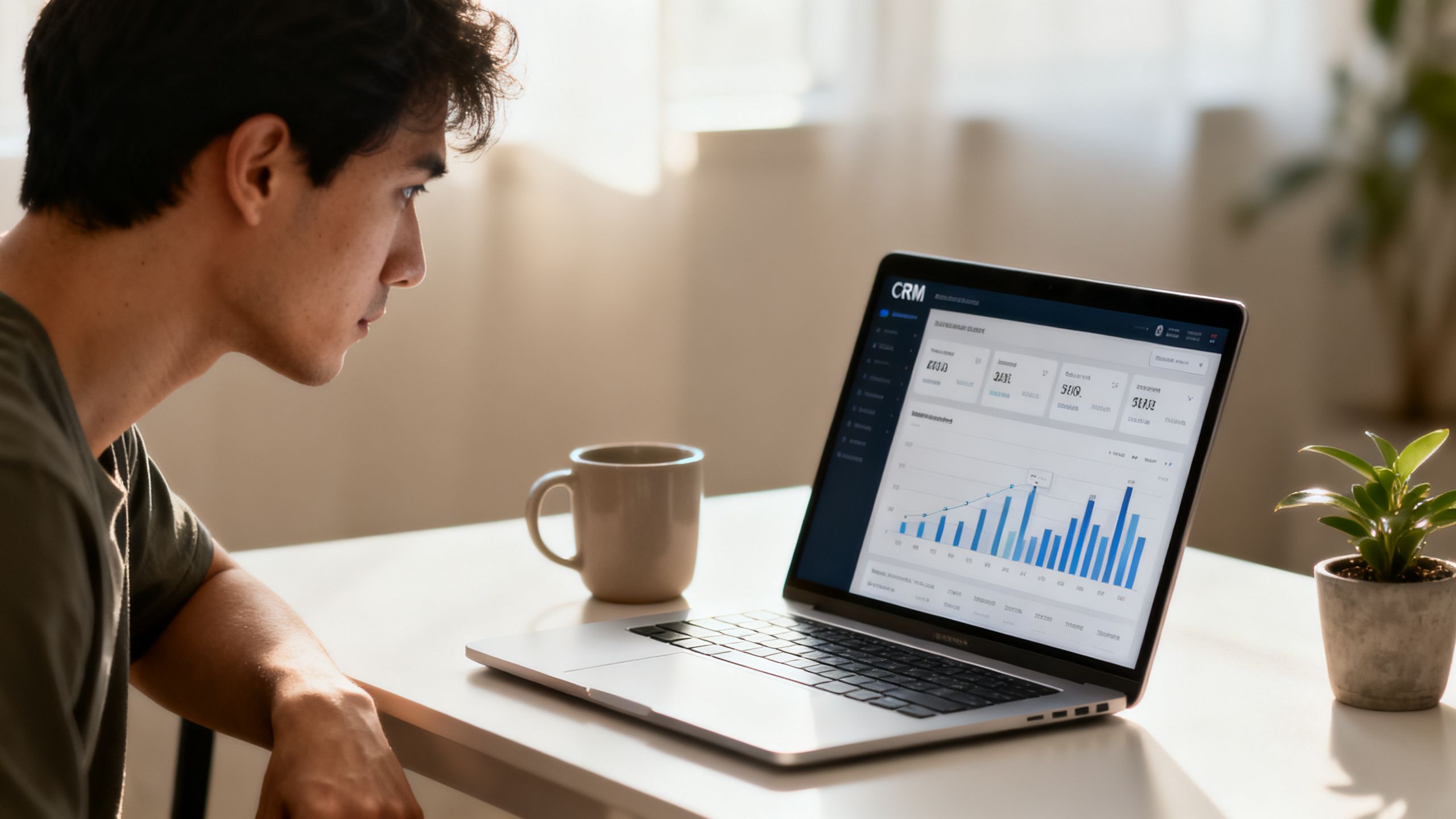 A focused solopreneur at a clean desk, looking at a CRM dashboard on their laptop with a sense of control and clarity.
