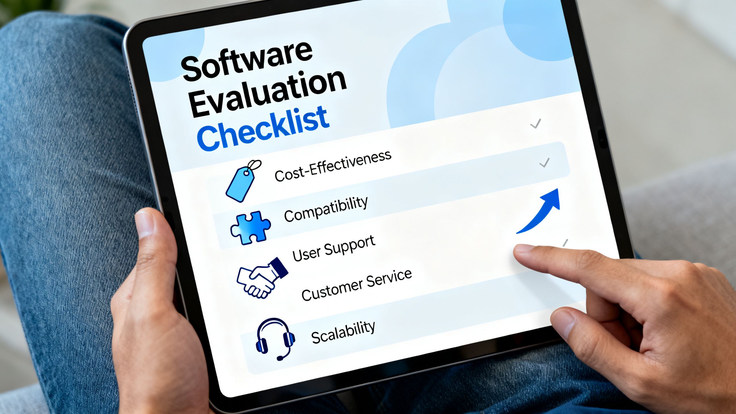 A checklist on a digital tablet with icons for price tag, puzzle piece, handshake, headset, and upward arrow, representing key software evaluation criteria.