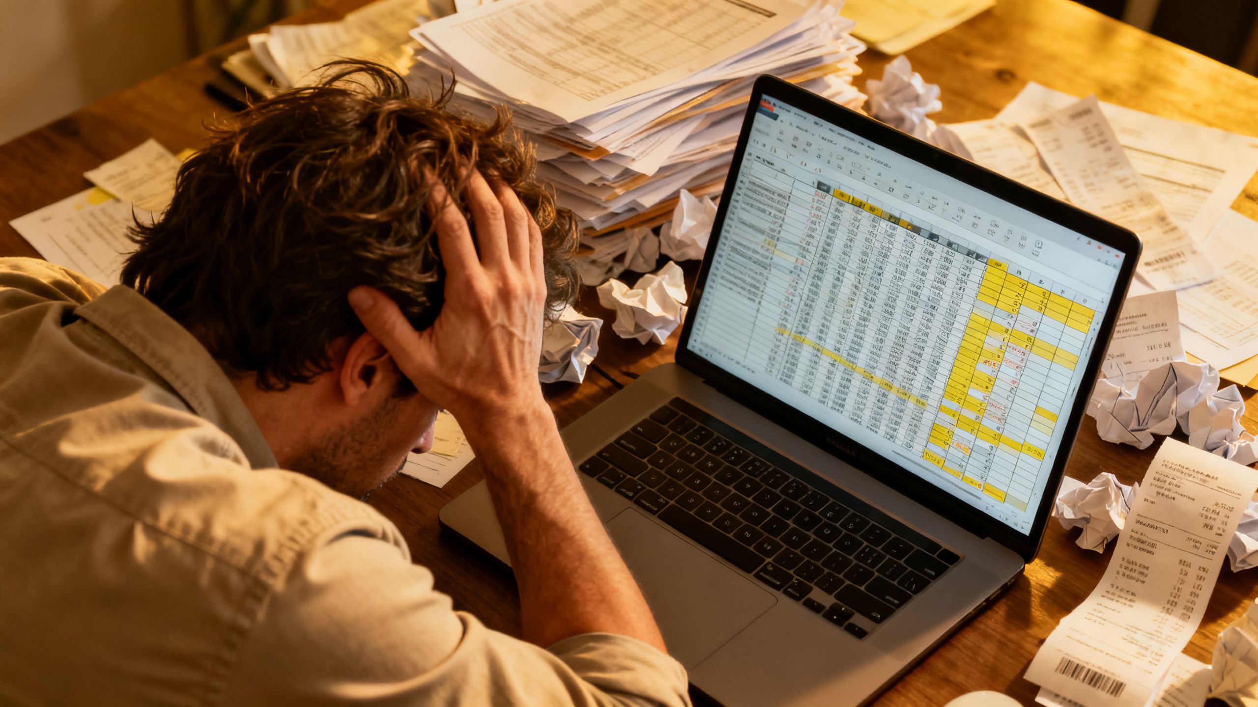 A frustrated solopreneur surrounded by piles of receipts and paperwork, looking at a complicated spreadsheet on a laptop.
