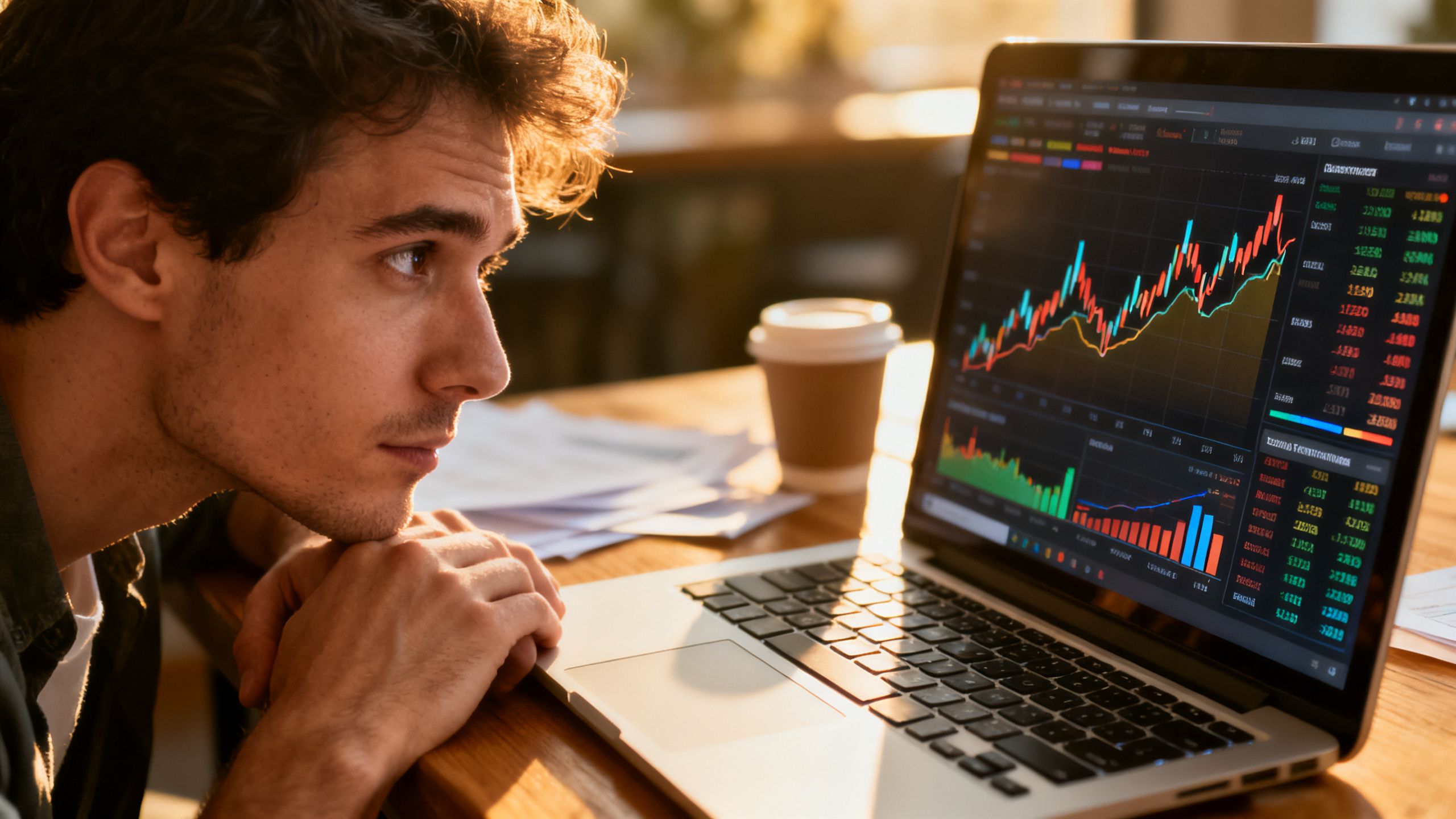 A freelancer looking thoughtfully at a laptop screen displaying financial charts and graphs