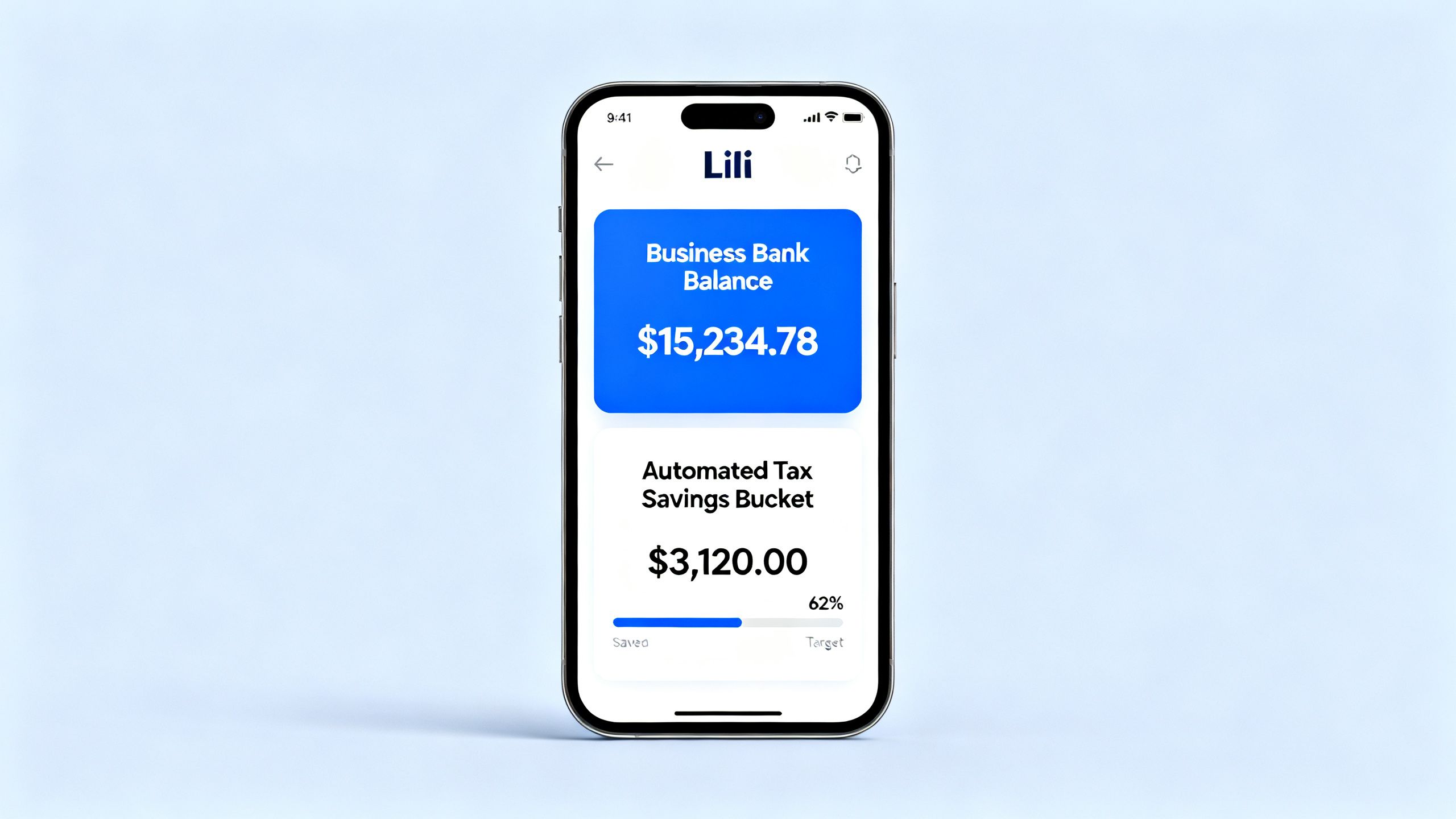 The Lili app interface on a smartphone, showing a business bank balance and an automated tax savings bucket