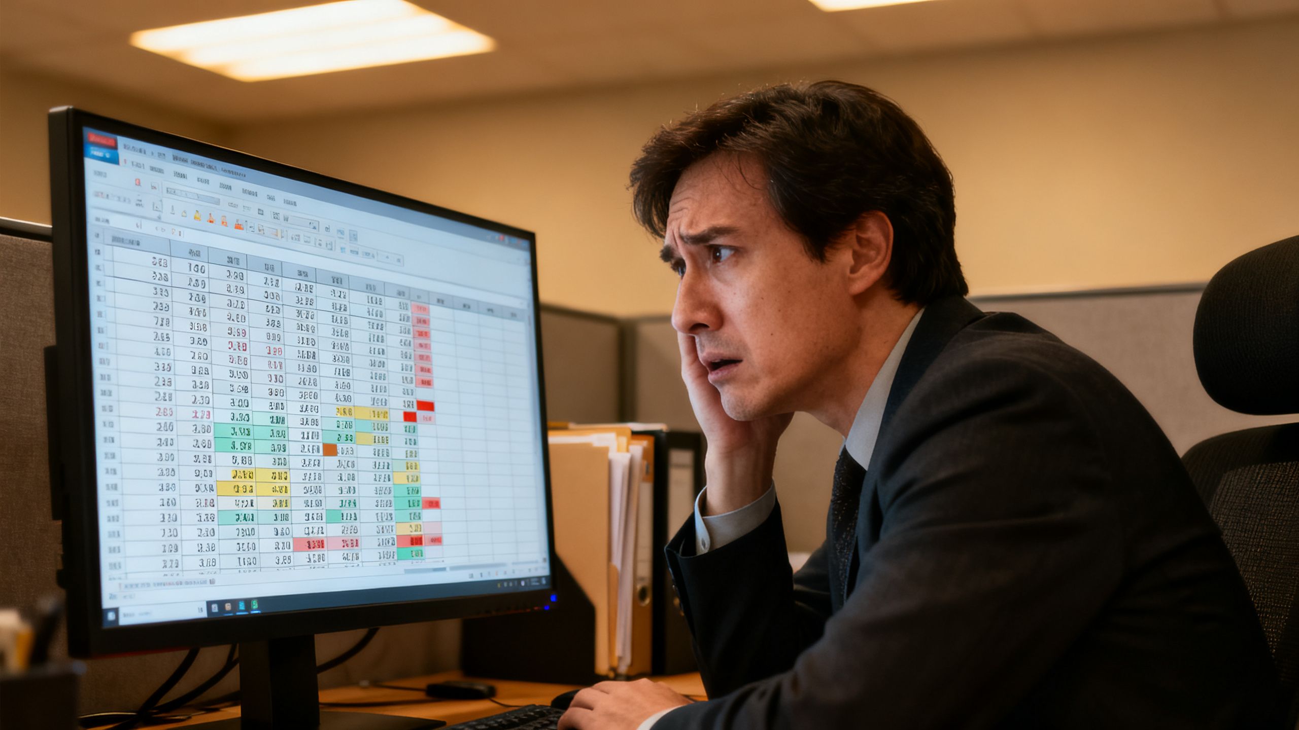 A person looking confused and frustrated at a complex spreadsheet full of numbers on a computer screen