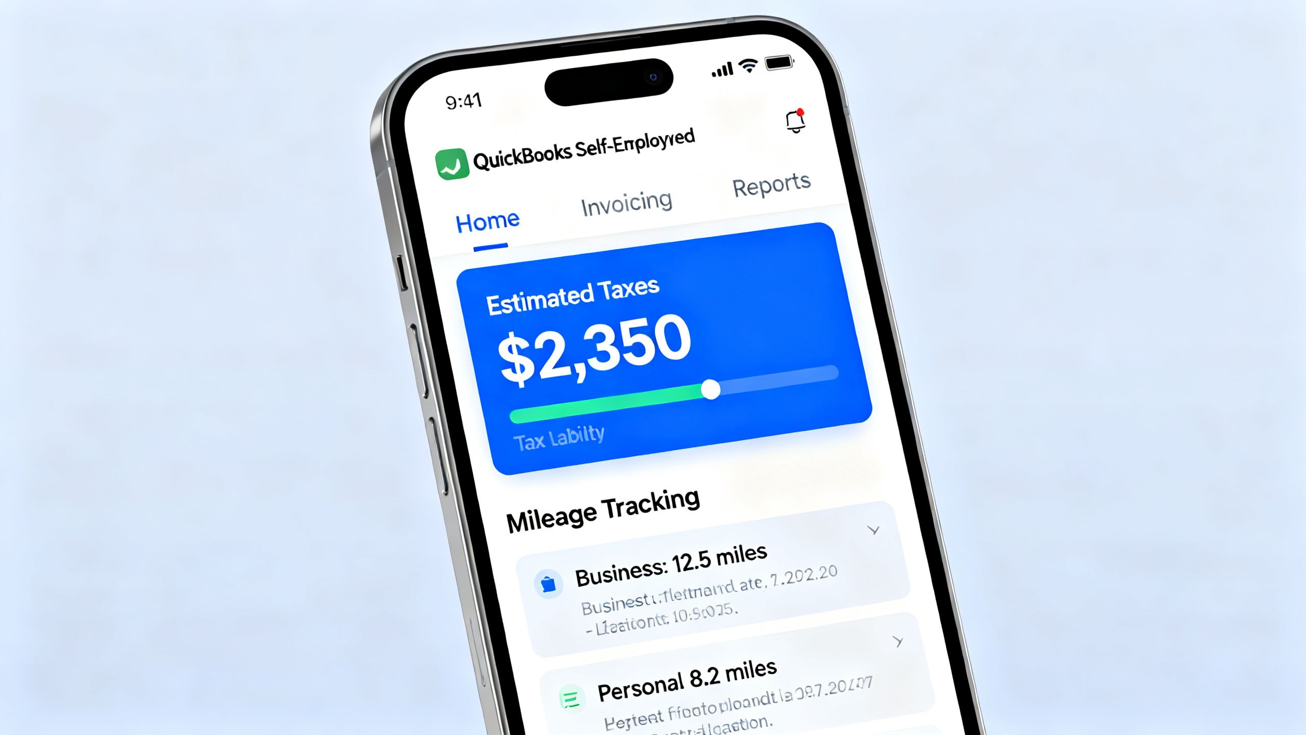 Screenshot of the QuickBooks Self-Employed mobile app dashboard showing estimated taxes and mileage tracking