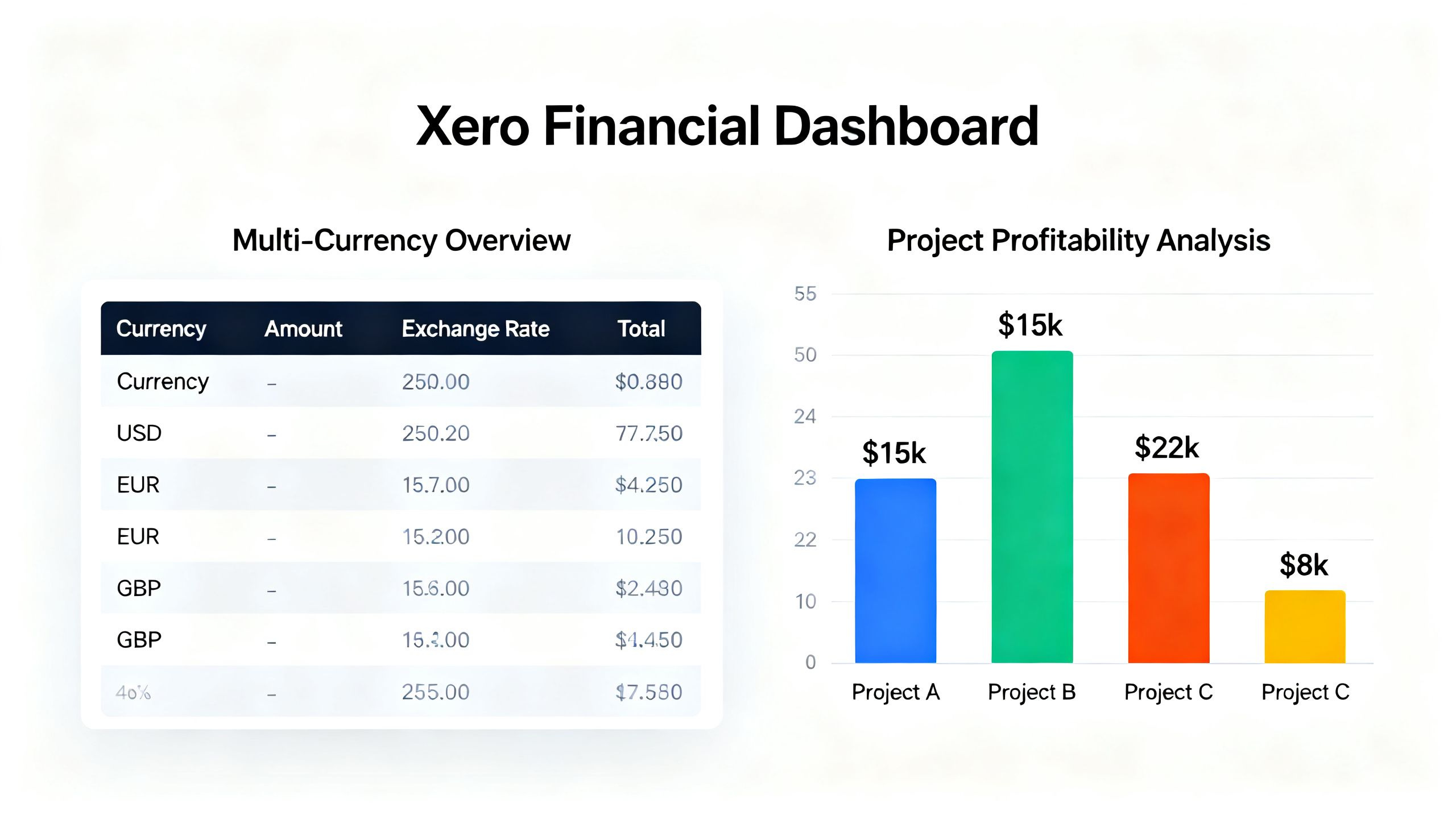 A dashboard in Xero showing multi-currency financial reports and project profitability charts