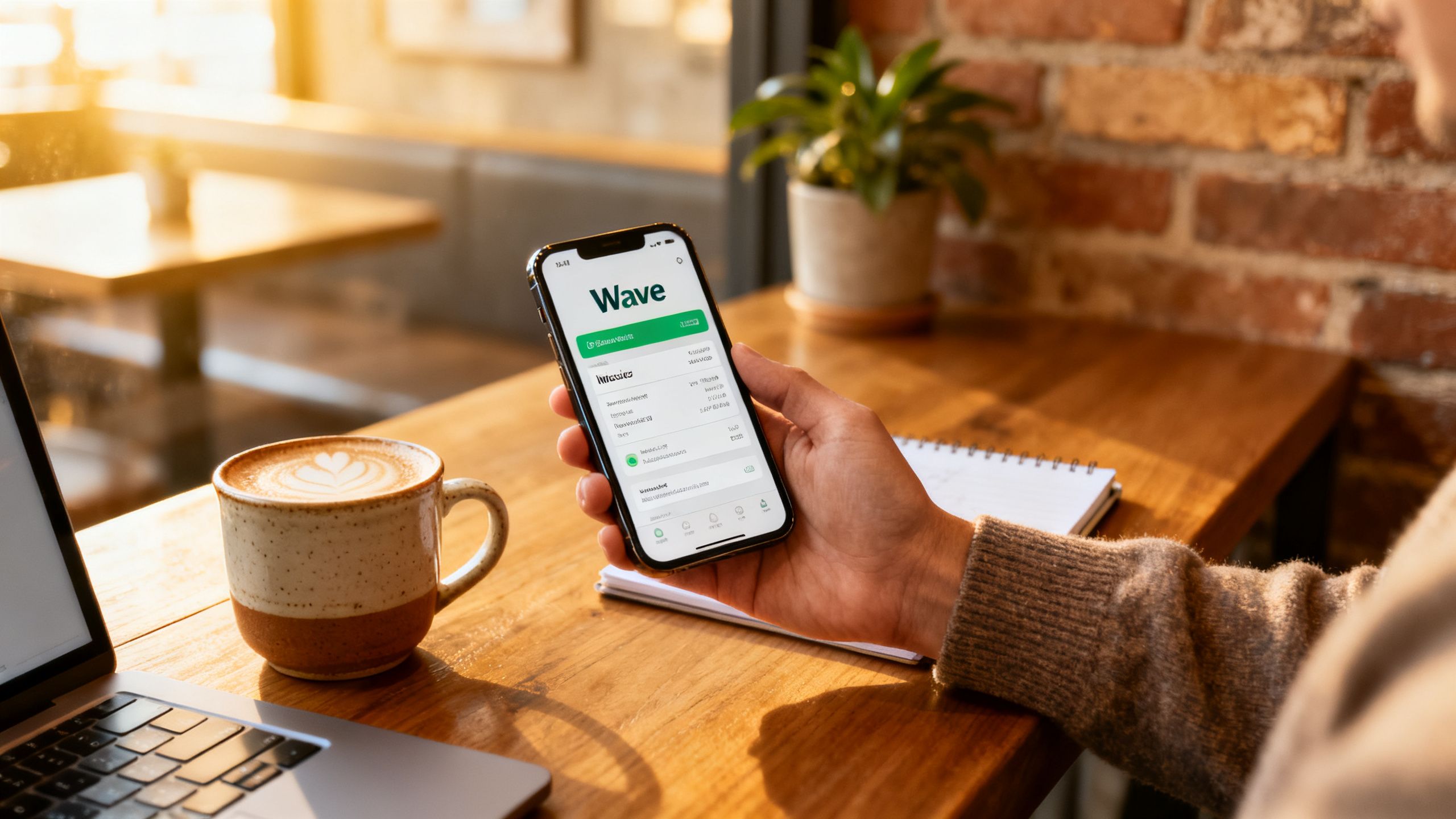 A freelancer using the Wave mobile app to send an invoice while sitting in a coffee shop