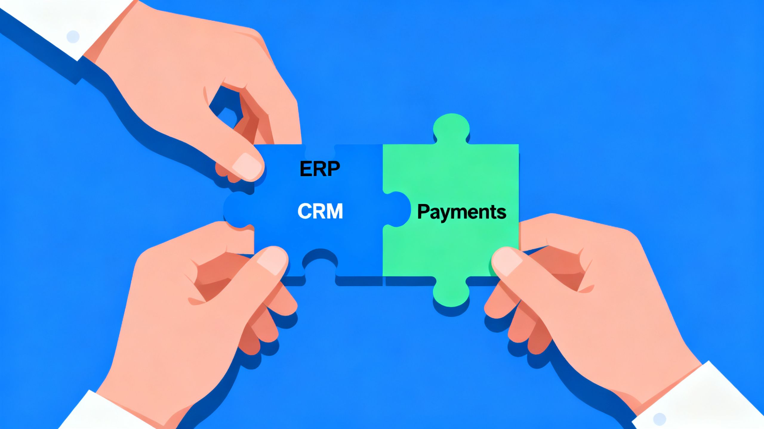 Hands connecting puzzle pieces labelled ERP, CRM, Payments