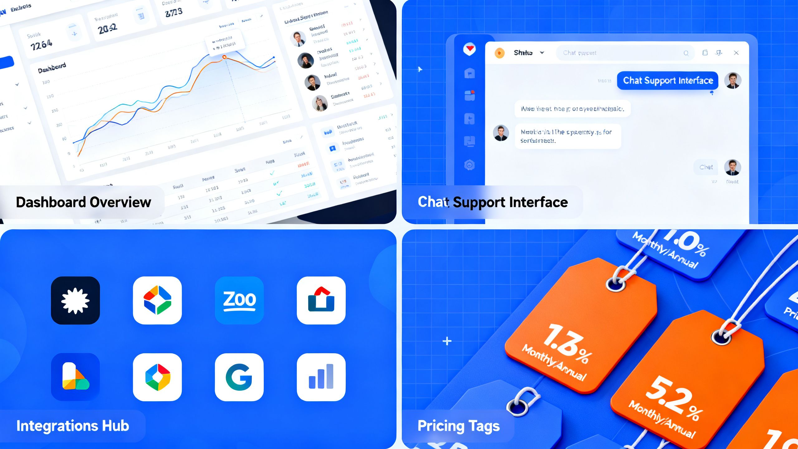 Collage: dashboard, chat support, integrations, pricing tags