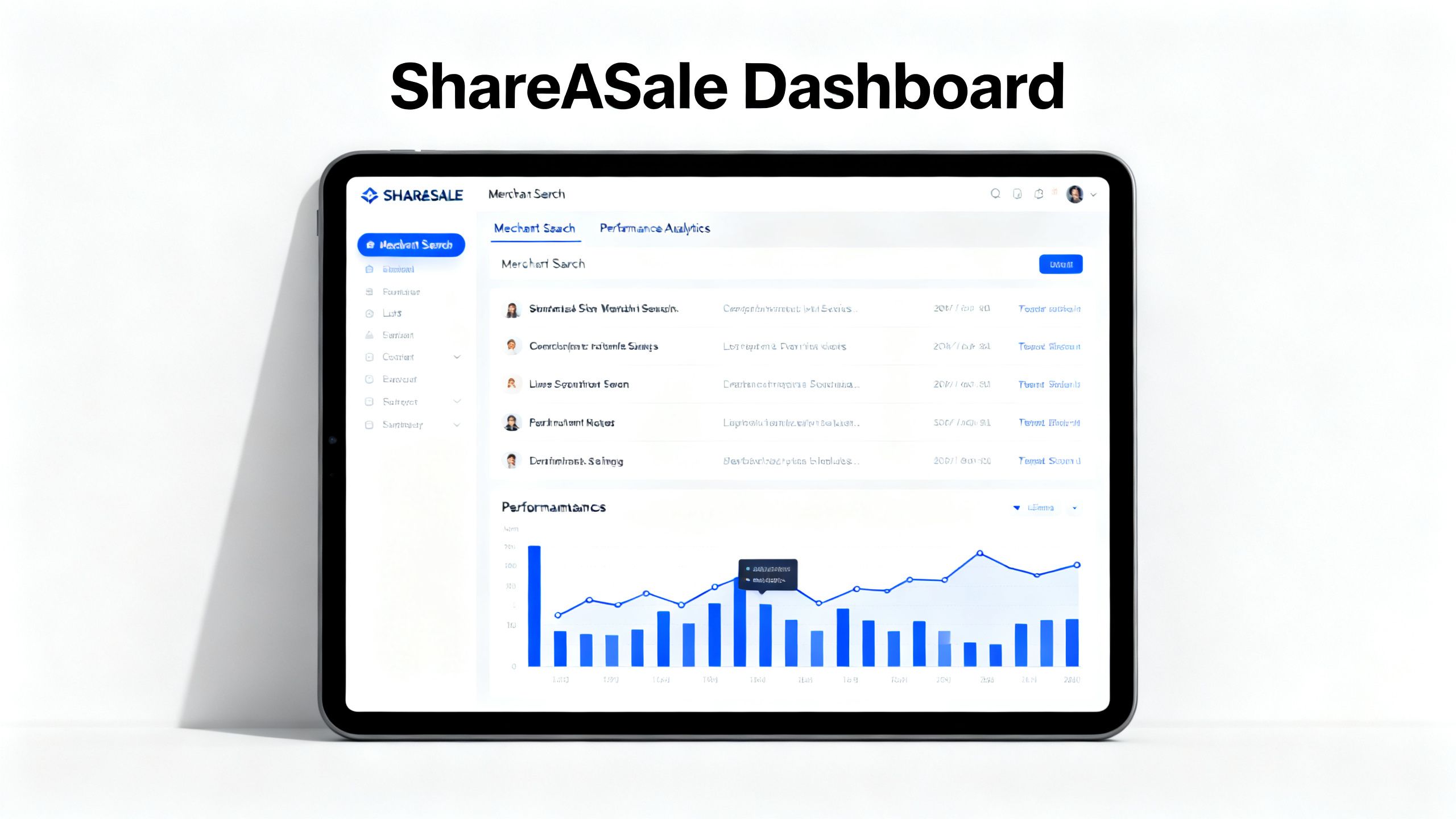 The ShareASale dashboard on a tablet, showing a clean interface with merchant search results and performance graphs.