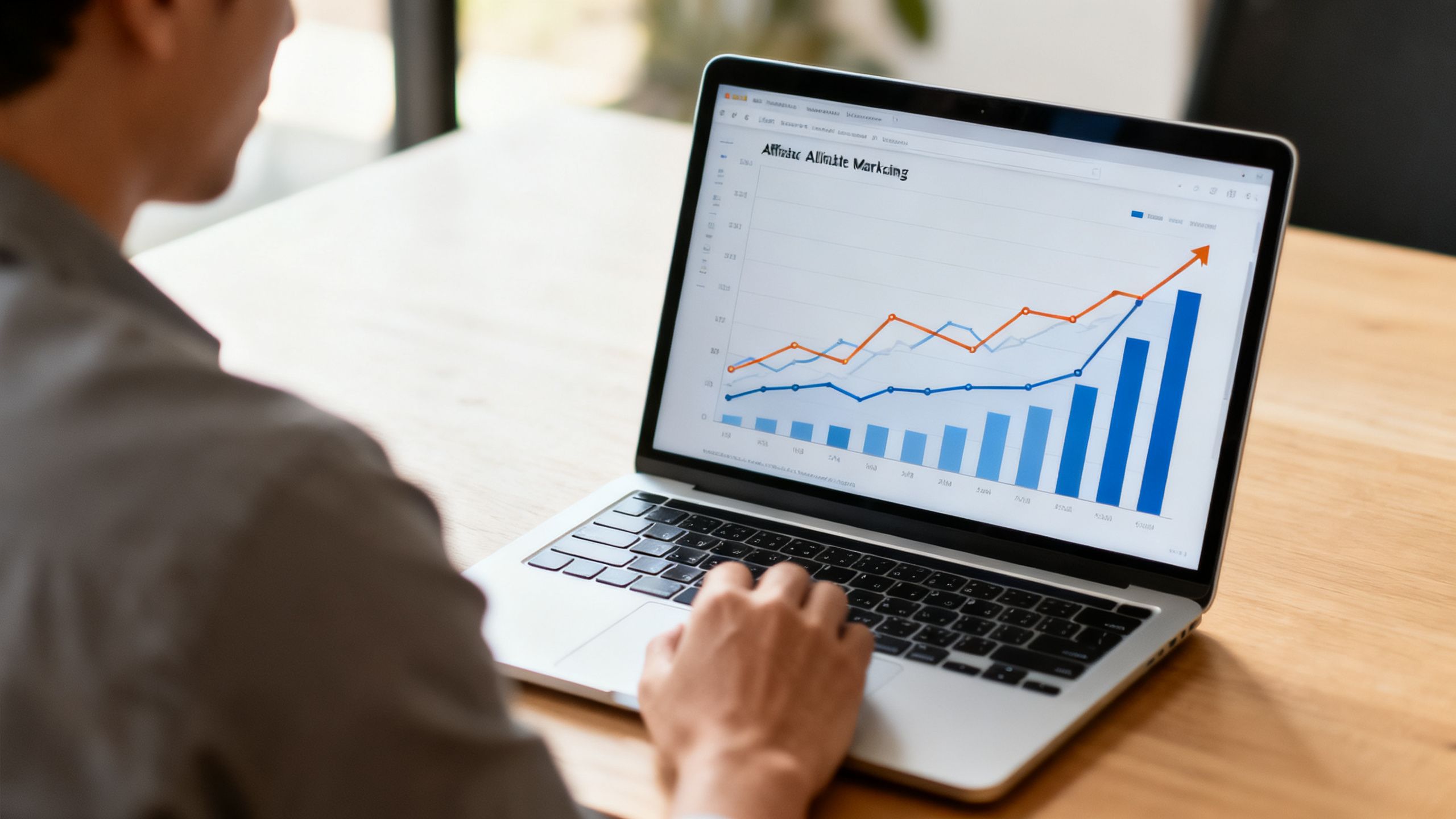 A focused solopreneur at a clean desk, analyzing affiliate marketing data on a laptop screen, with charts showing upward trends.