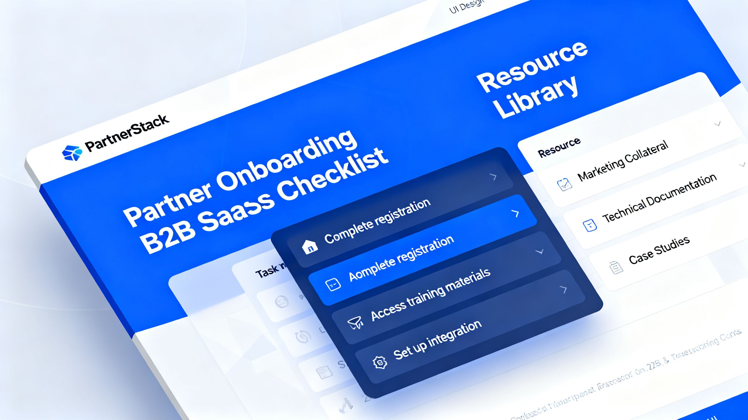 The PartnerStack interface focused on B2B SaaS partnerships, showing partner onboarding checklists and resource libraries.
