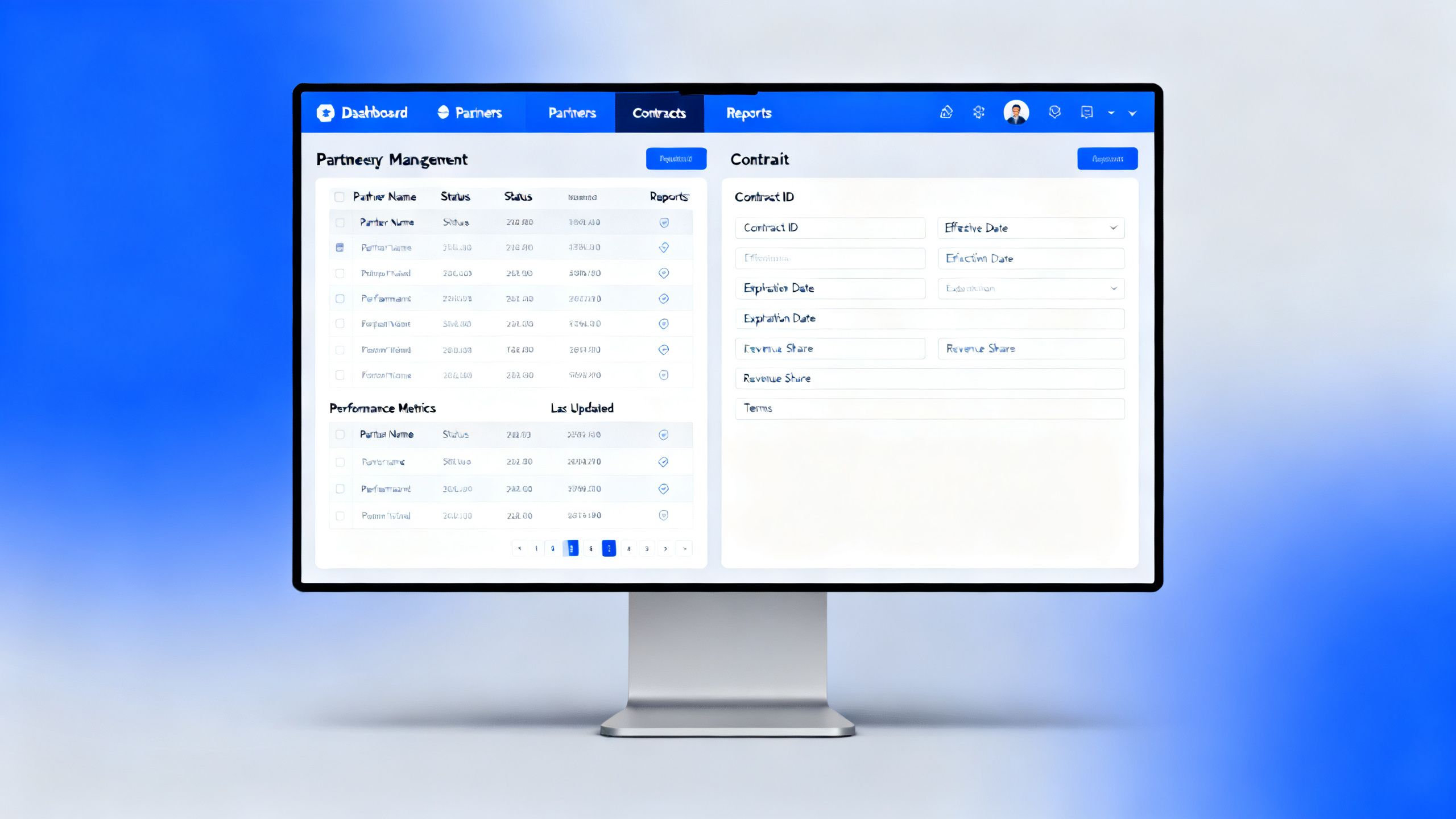 The modern, data-rich dashboard of Impact.com on a large monitor, highlighting partnership management and contract details.