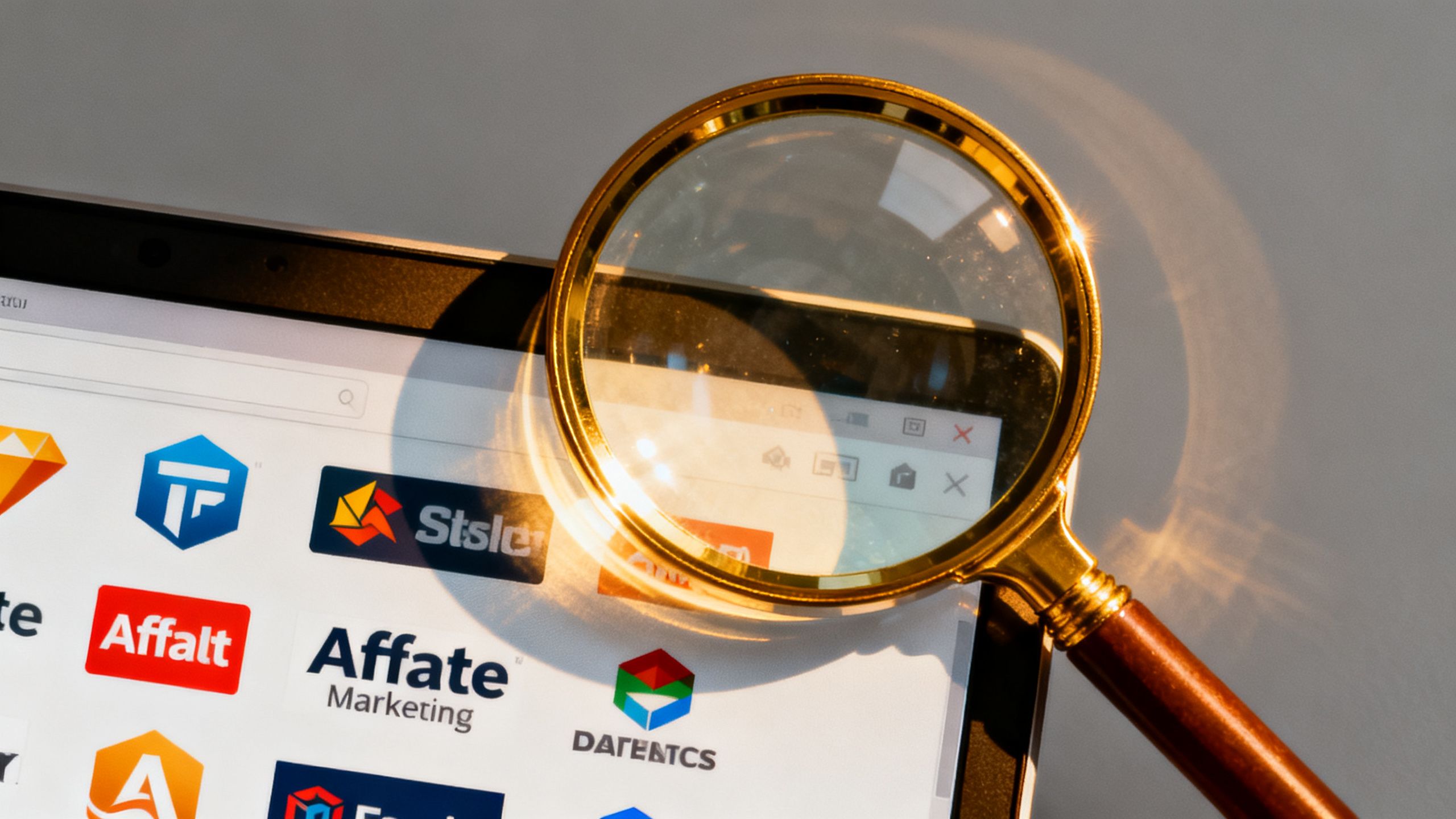 A magnifying glass hovering over a computer screen displaying different affiliate marketing tool logos, symbolizing the process of careful selection.
