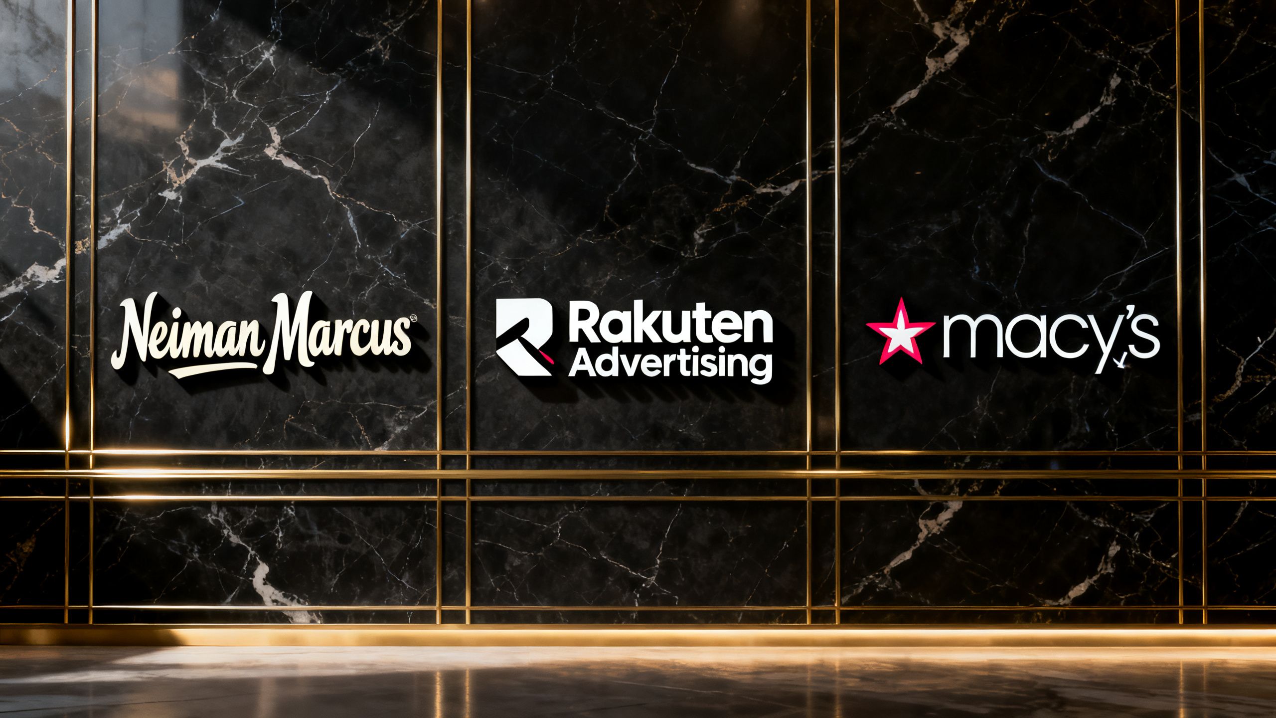 A premium-looking display showing the Rakuten Advertising logo alongside logos of luxury brands like Neiman Marcus and Macy's.