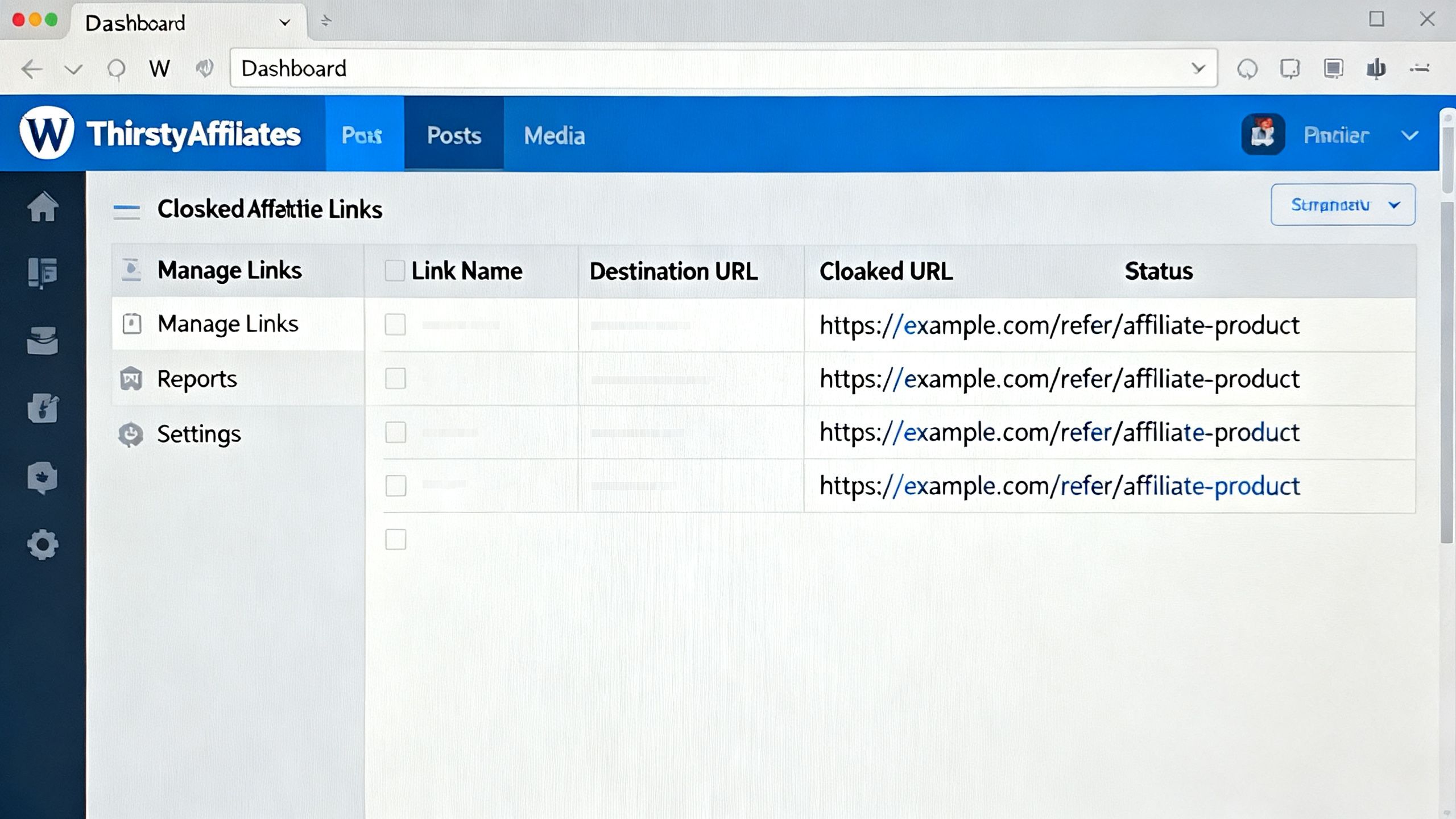 A screenshot of the ThirstyAffiliates plugin within a WordPress dashboard, showing a list of cloaked affiliate links.