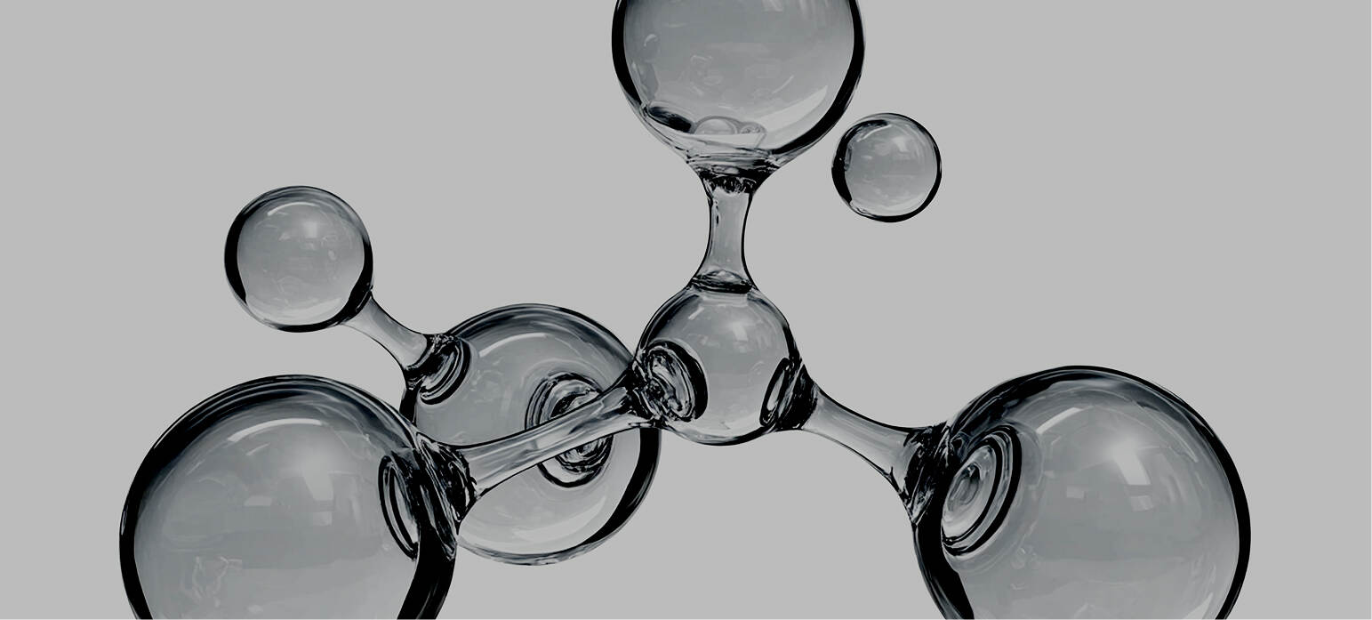 Transparent molecular model with connected spheres on a gray background representing atoms.