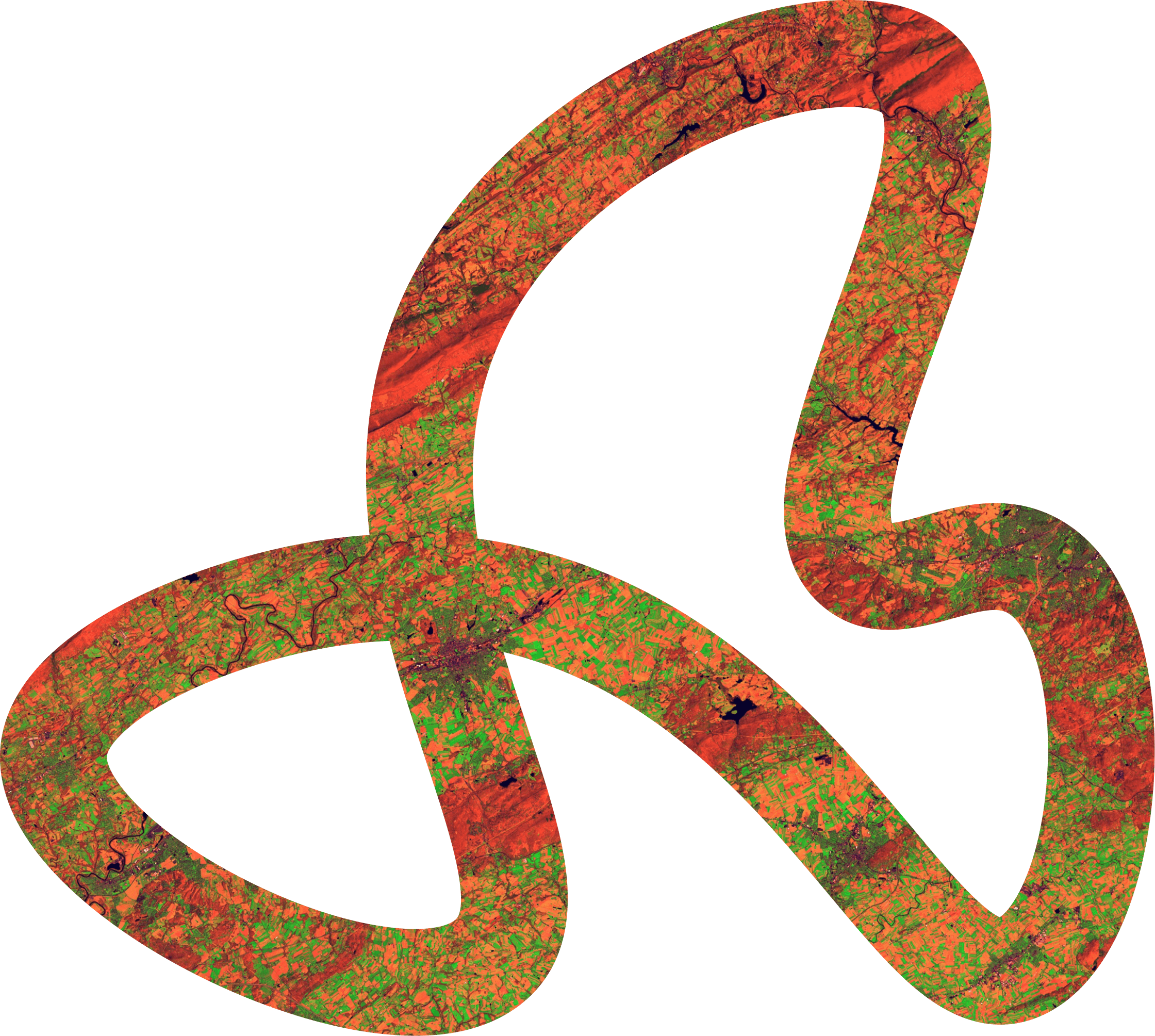 Three-looped abstract shape filled with a satellite view of varied green and red terrain.