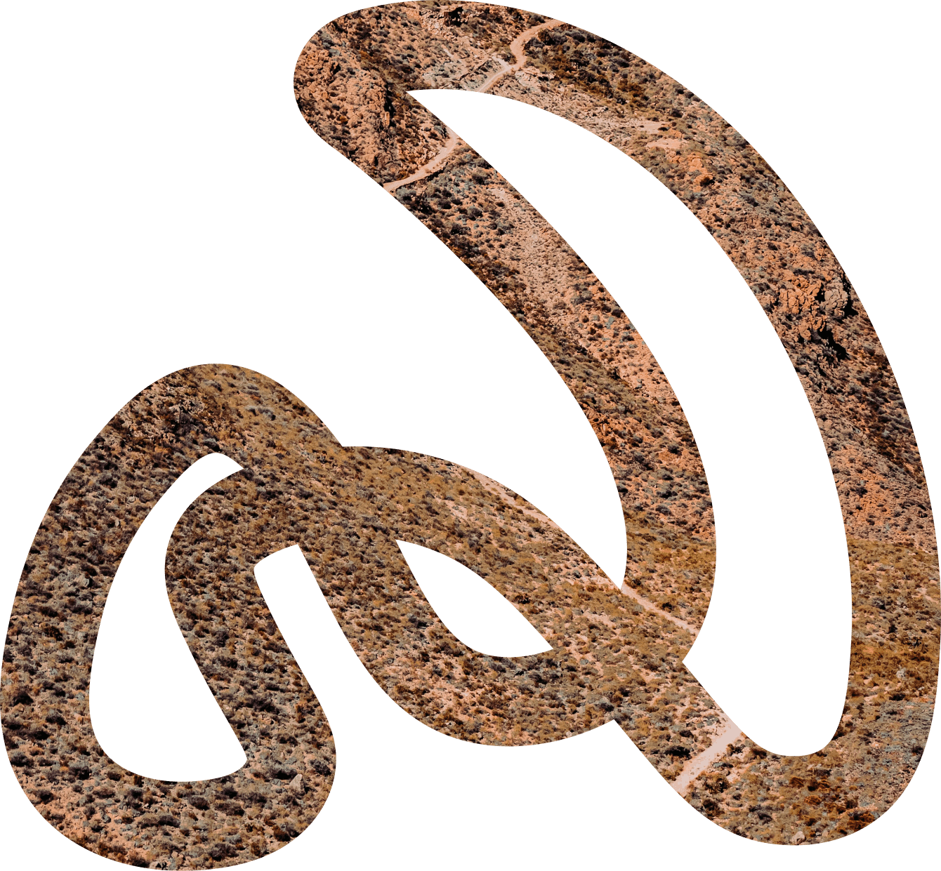 Curved black shape filled with aerial view of rocky desert terrain and winding dirt trail.