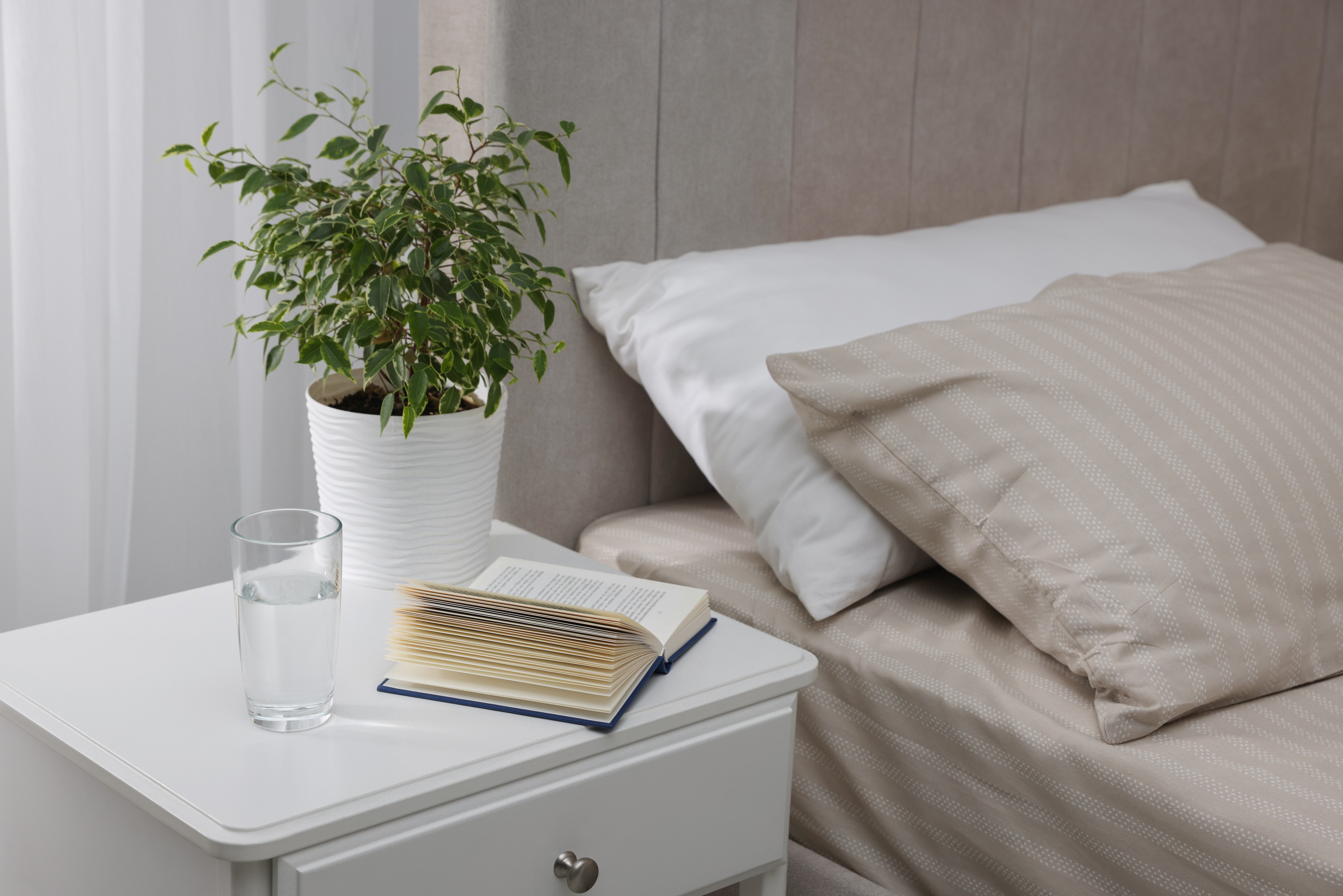 Bed side table with plant stock photo