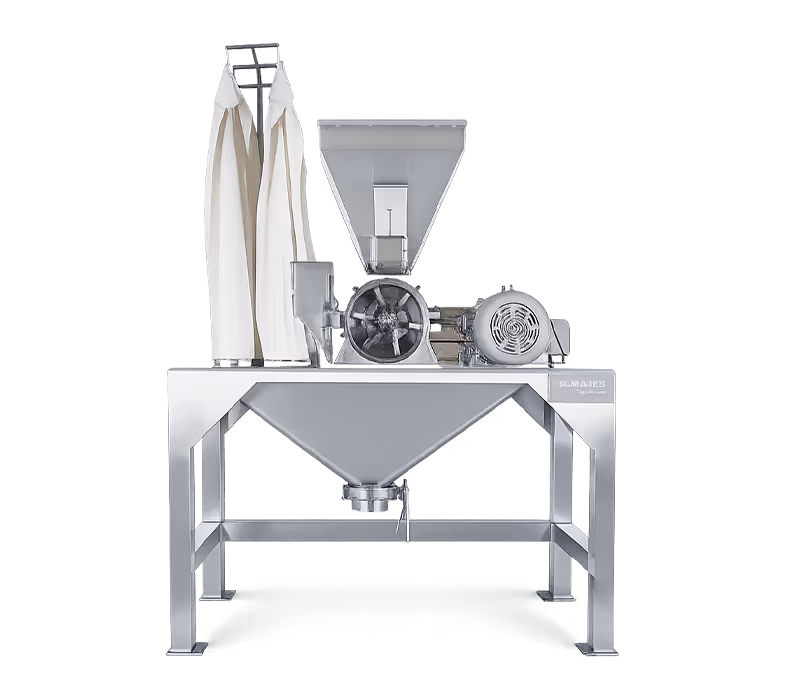 Máquina industrial de acero inoxidable para molienda con tolva y motor eléctrico.