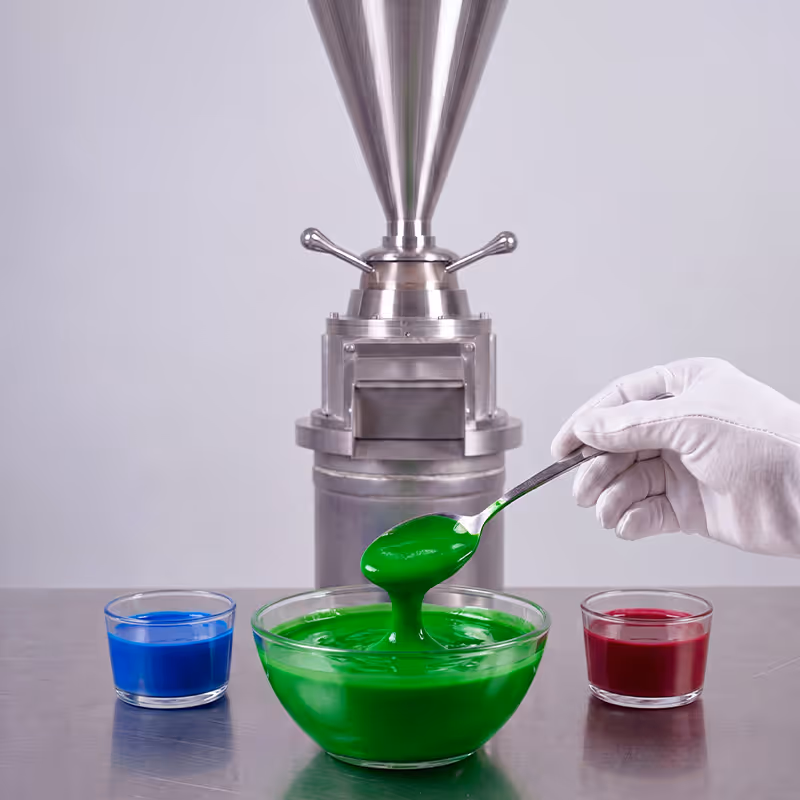 Frascos y contenedores con pinturas y pigmentos de colores azul, verde, amarillo, rojo y naranja en laboratorio.