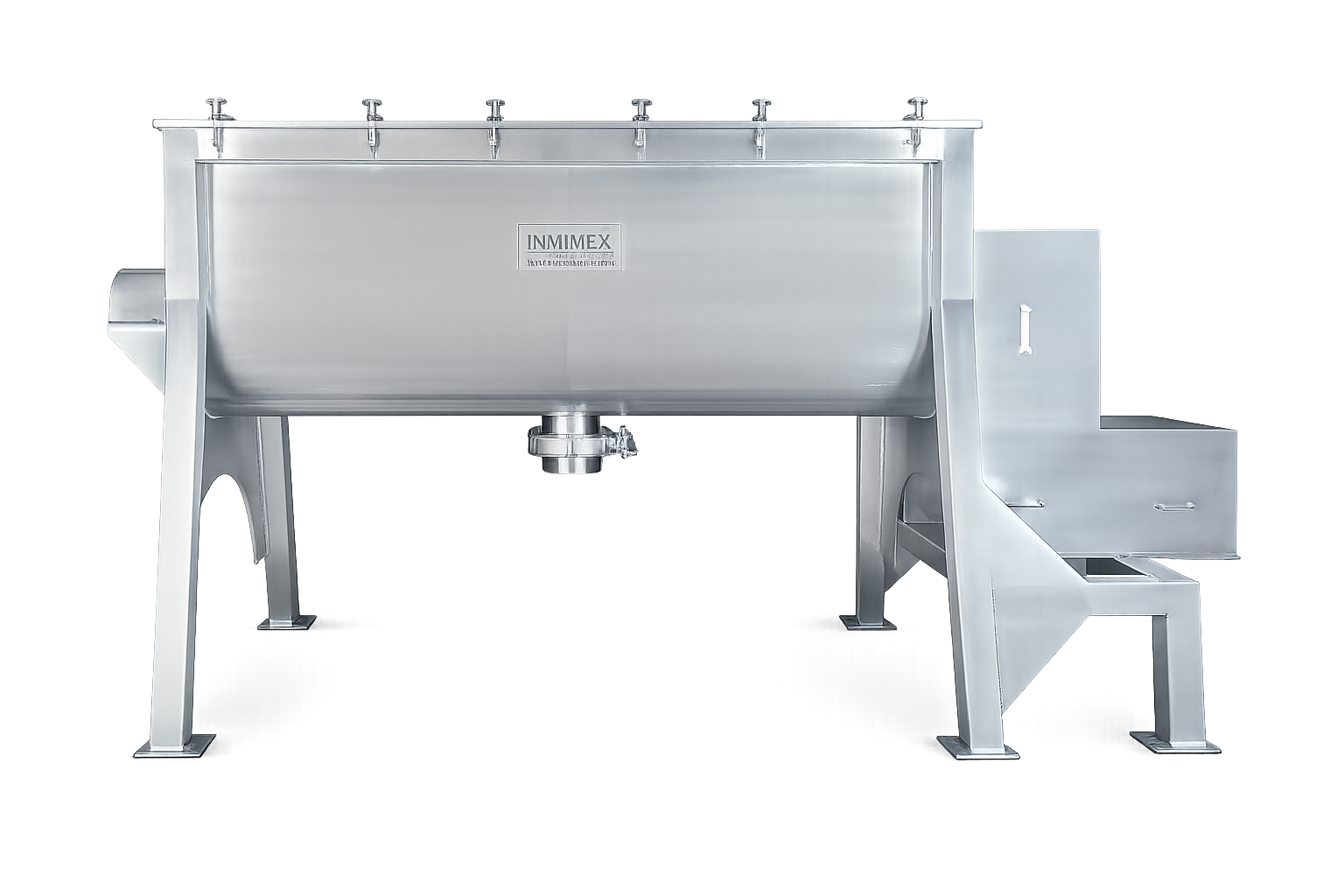 Tanque de acero inoxidable industrial con estampado INMIMEX y soporte con escalera adjunta.