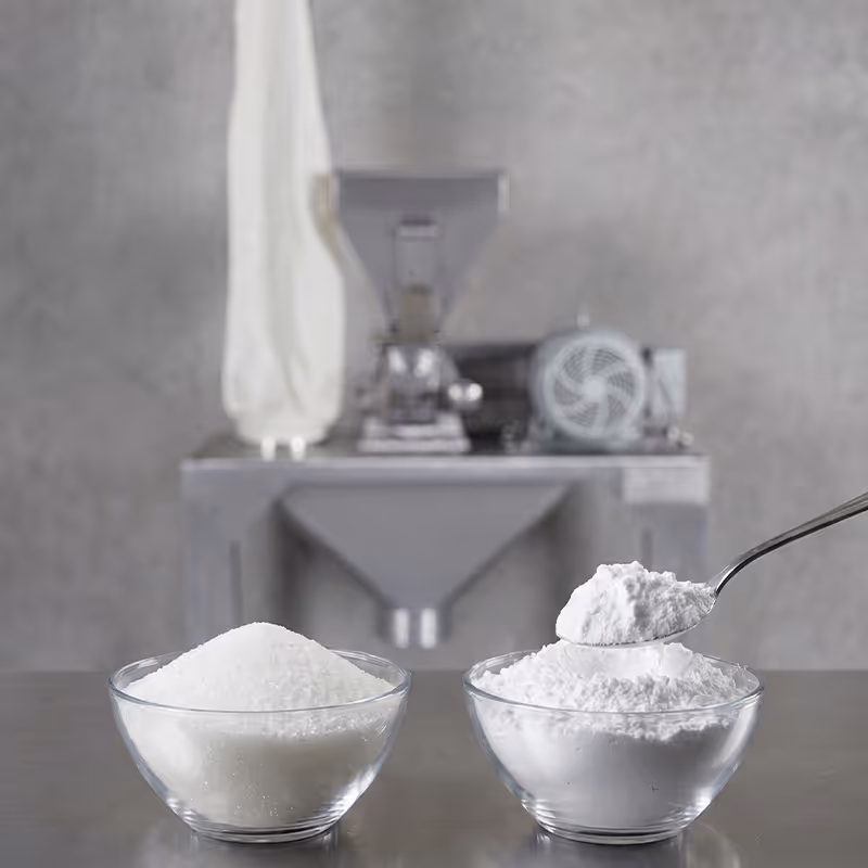 Azúcar glass pulverizada en molino pulverizador con textura extra fina