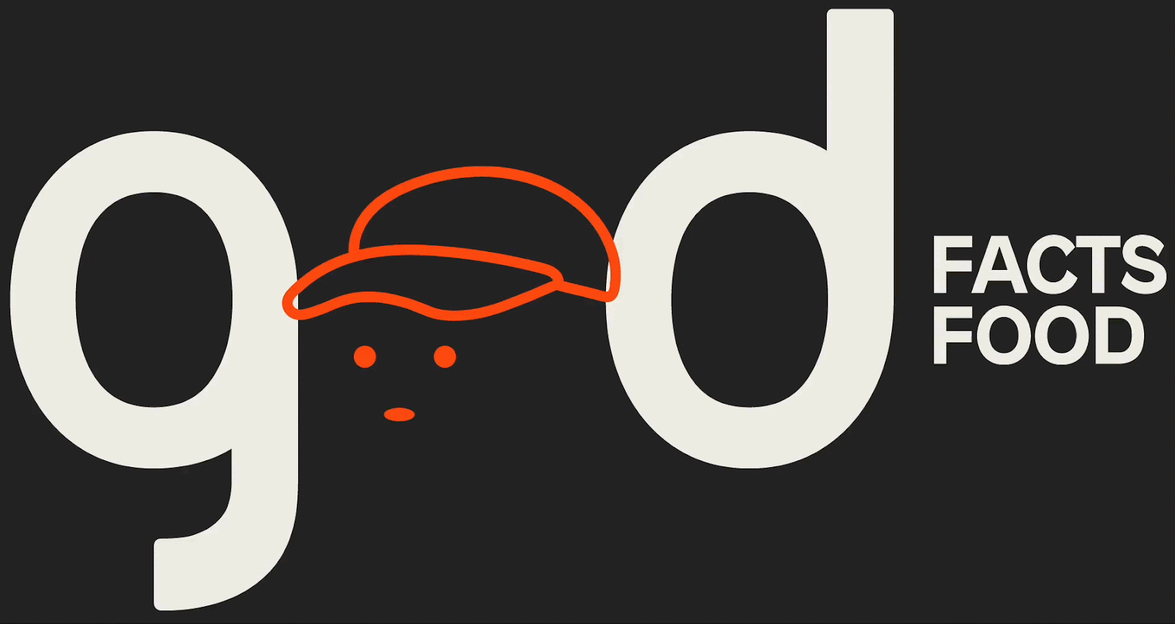 Logotipo con letras g y d, rostro minimalista con gorra naranja entre ellas, y texto Facts Food.