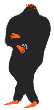 Stylized figure in black outfit with orange shoes, glasses, and holding a coffee cup.