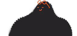 Stylized person with orange glasses, gloves, and shoes holding a coffee cup with crossed legs.