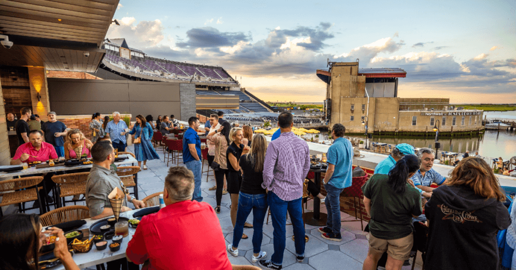 The roof top deck at the 40 Bay Club has incredible views of the theater and the bay.