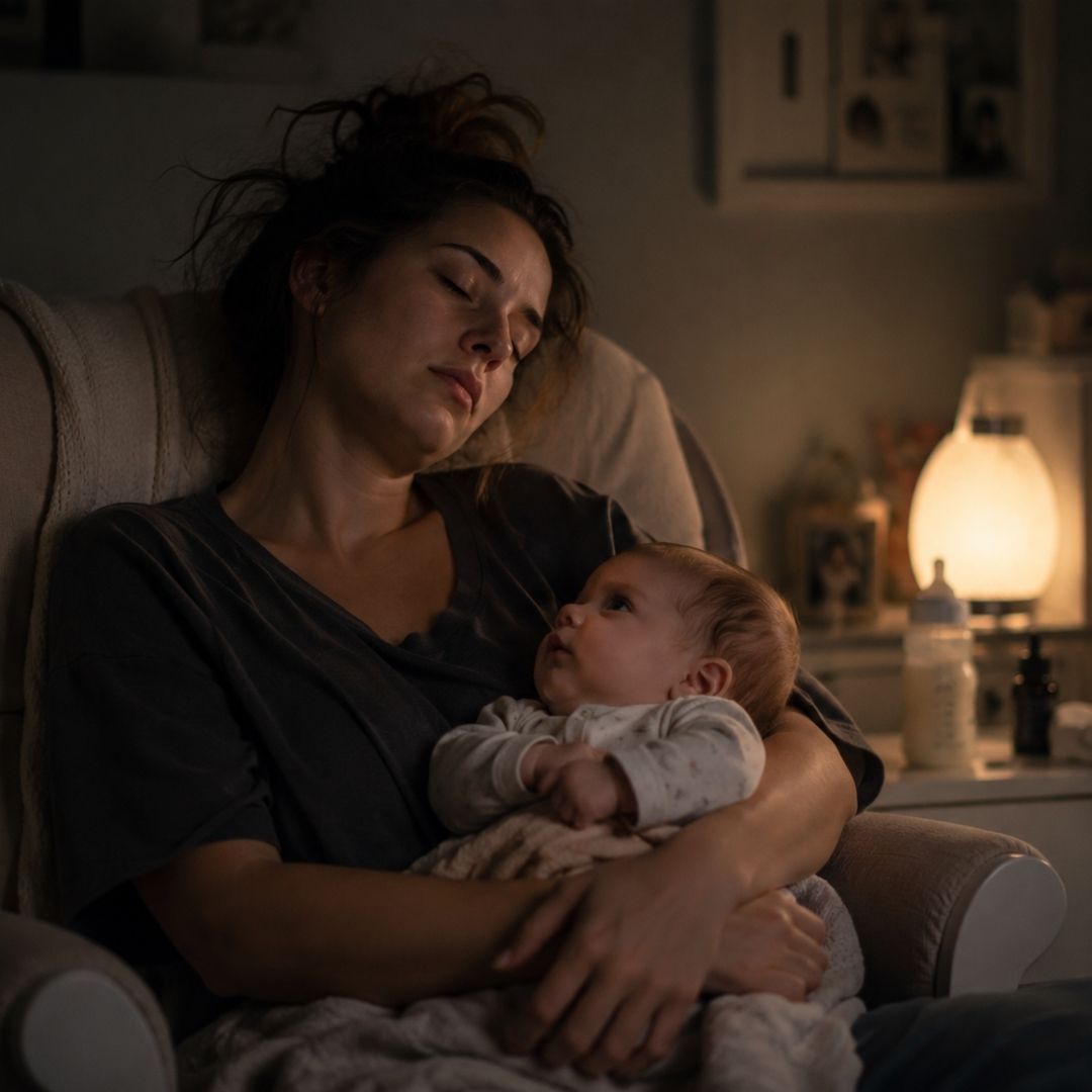 Exhausted mother asleep in a feeding chair while her awake baby looks up at her during a sleepless night.