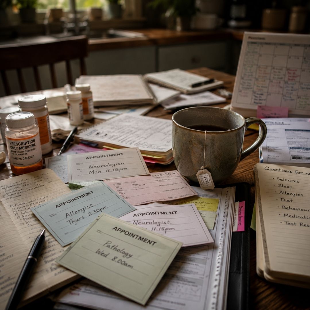 Kitchen table covered with medical appointments, prescriptions, notebooks and a cold cup of tea, reflecting the overwhelm of caring for a chronically ill child.