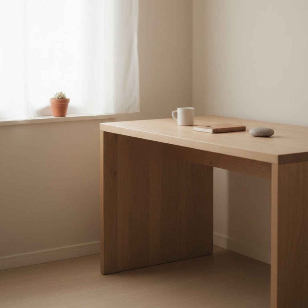 Simple, peaceful workspace with a wooden desk, notebook and coffee cup, symbolising space to reflect after years of living in survival mode.