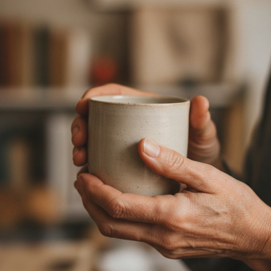 Warm cup of tea on a wooden table symbolising comfort, rest and emotional self-care.