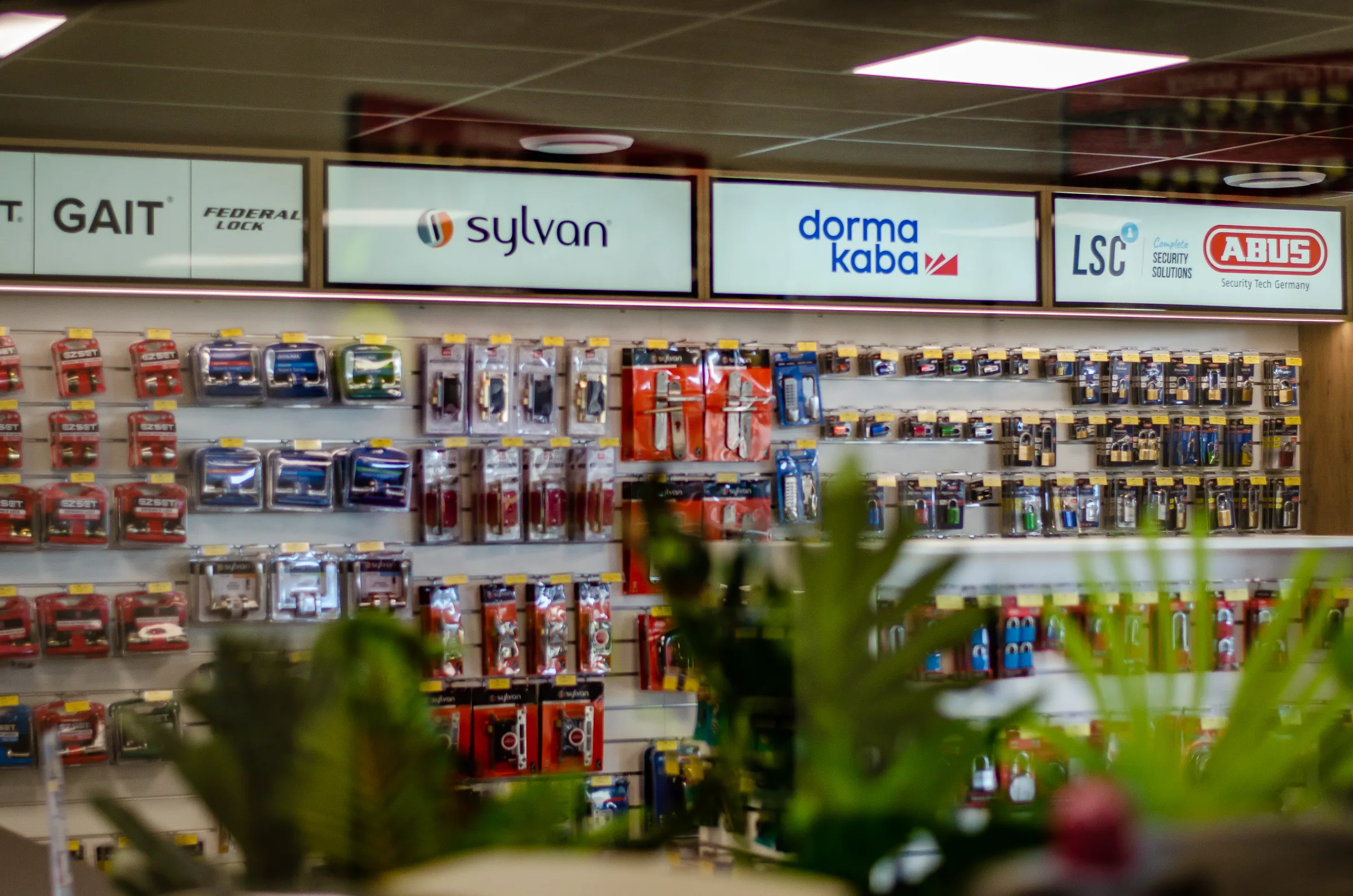 Lock and security products displayed in the Ross Galt showroom