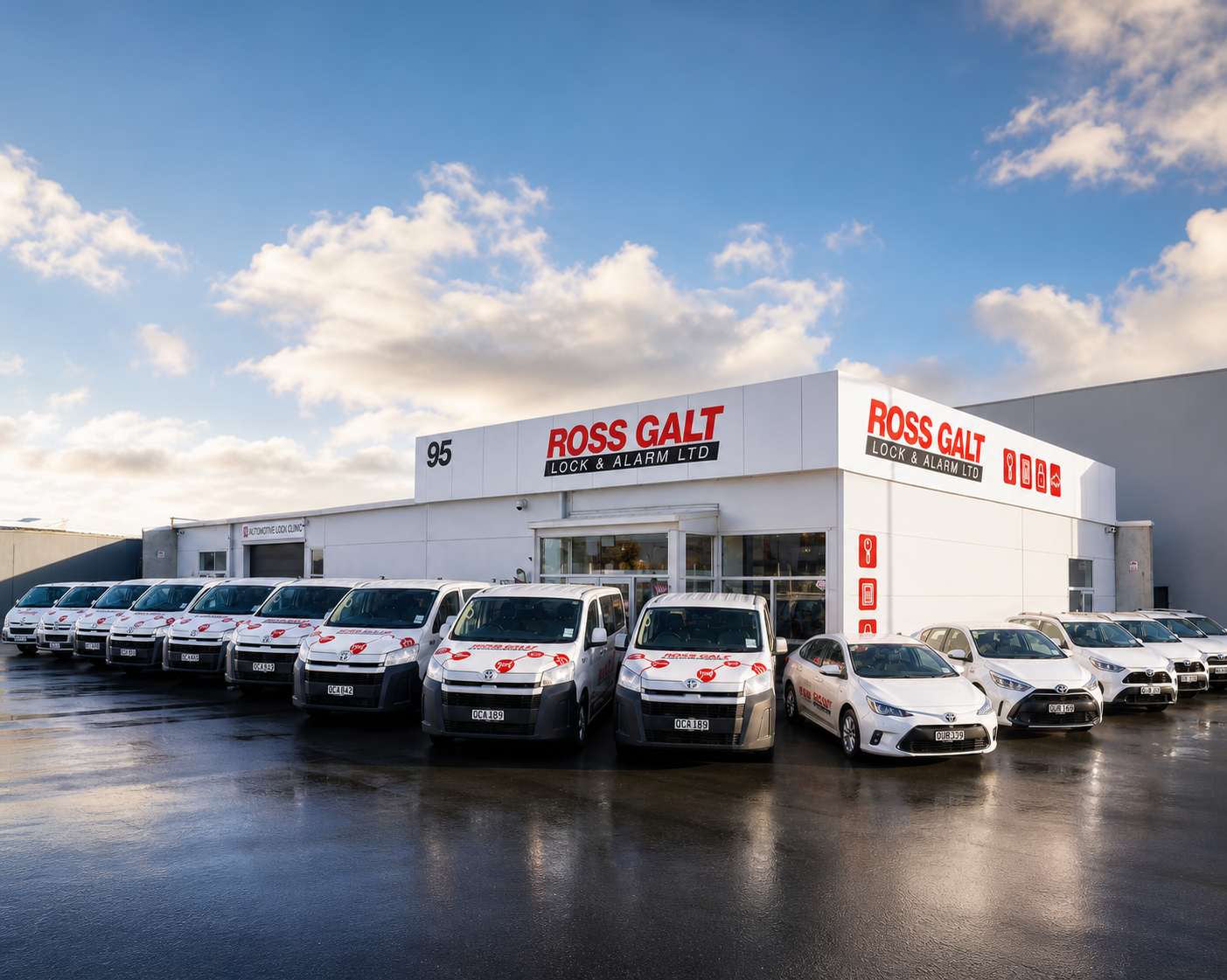 Ross Galt vehicle fleet outside the Sydenham showroom