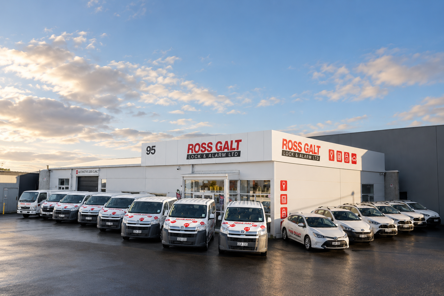 Ross Galt vehicle fleet outside the Sydenham showroom