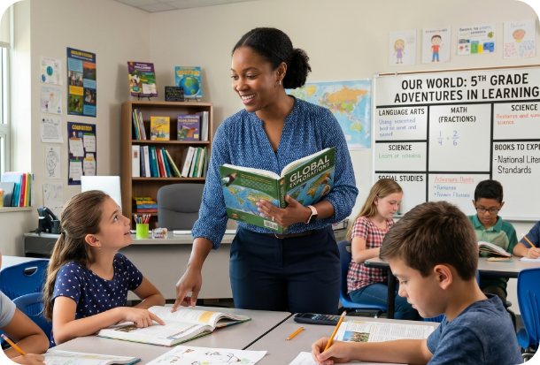 Teacher smiles helping engaged elementary students with open books and pencils in classroom.