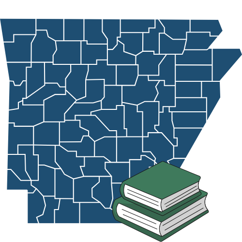 Map of Arkansas counties with two stacked green books in the bottom right corner.