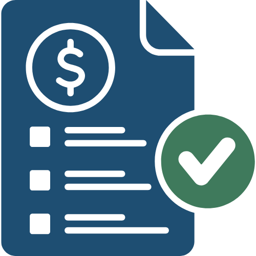 Document icon with dollar sign and checklist, and a green checkmark indicating approval.