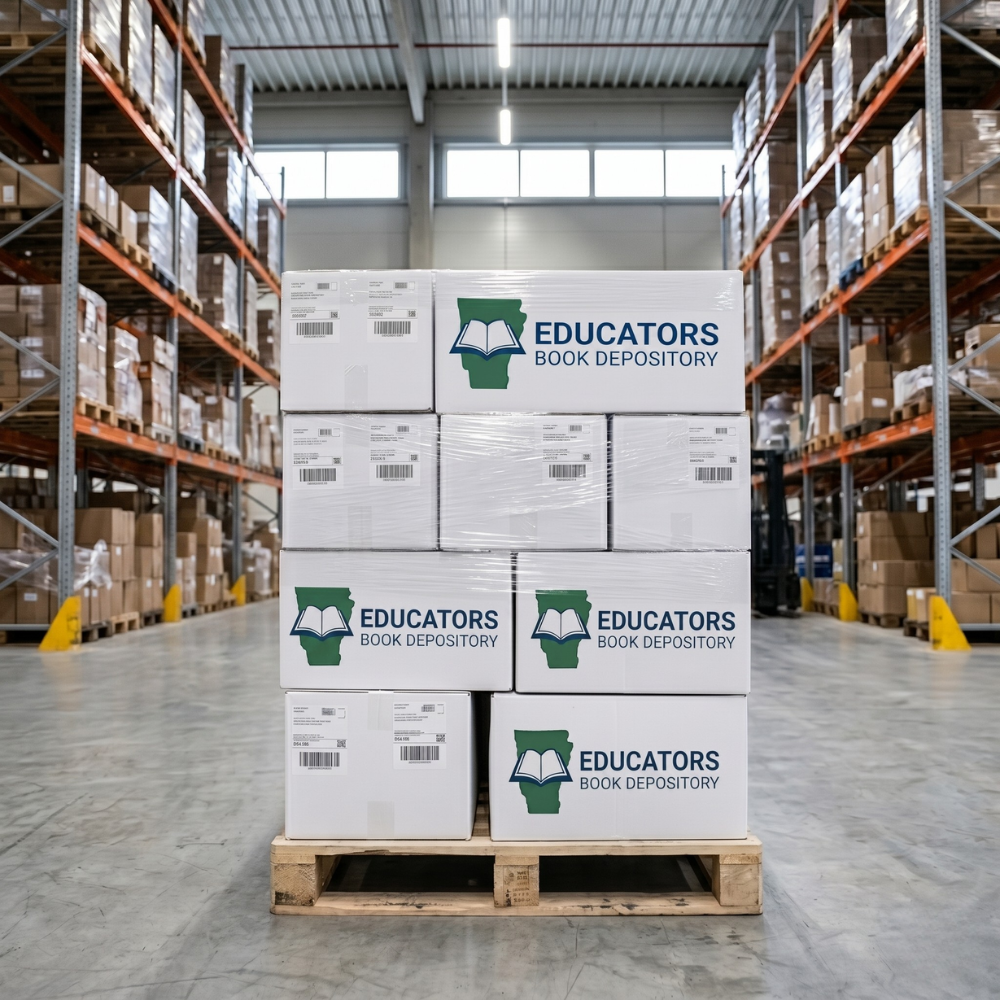 Stacked boxes on a pallet in a warehouse labeled Educators Book Depository with book and map logo.