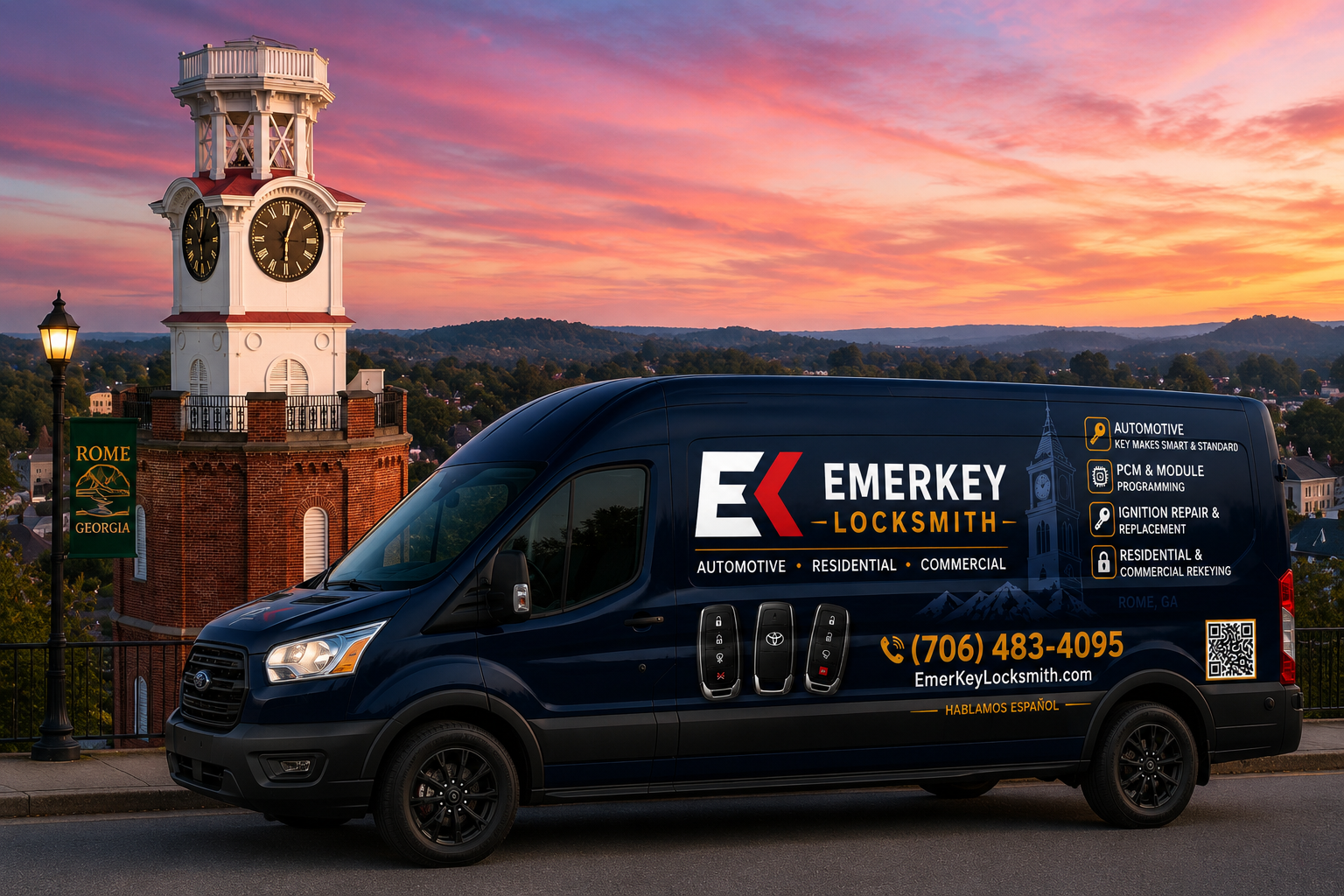 EmerKey Locksmith van at the Rome, GA Clock Tower at sunset