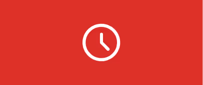 White clock icon showing 3:00 on a red background.