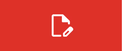 White icon of a document with a pencil on red background.