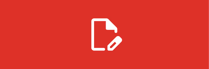 White icon of a document with a pencil on a red background.