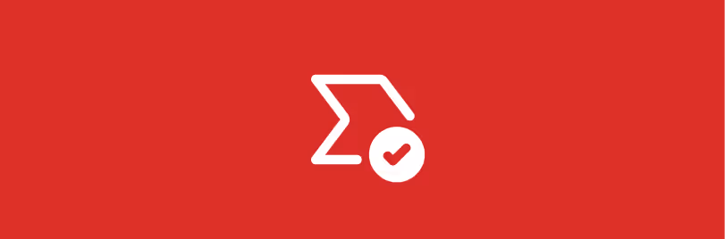White summation symbol with a check mark icon on a red background.