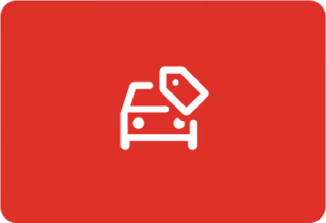 White car icon with a price tag symbol on a red rounded rectangle background.